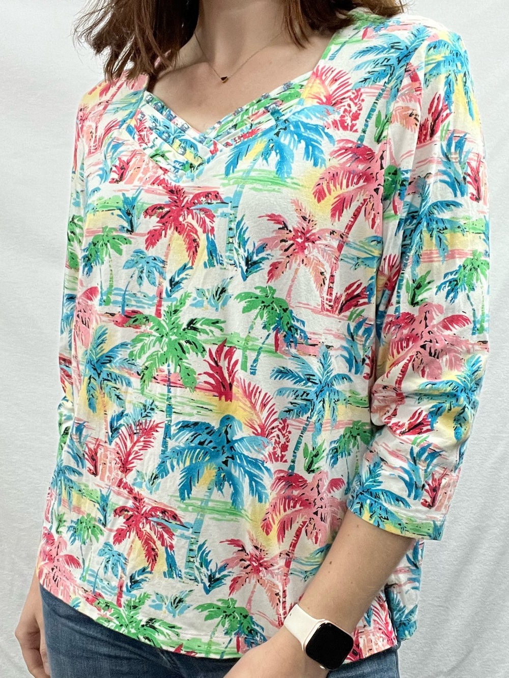 Alfred Dunner Multi-Color Palm Print V-Neck Long Sleeve Top